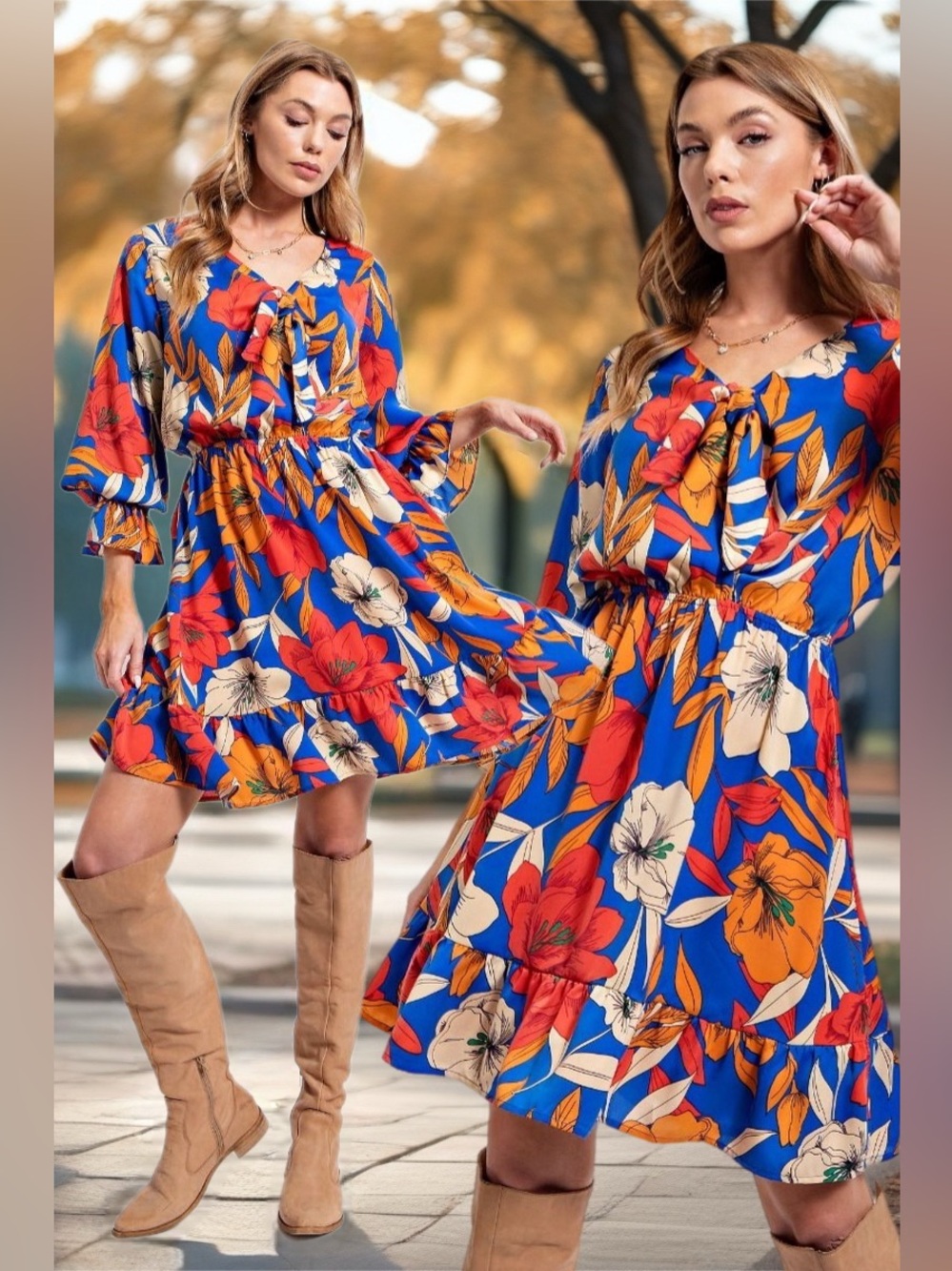 Easel Falling in Love Royal Blue Red Floral Puff Sleeve Tiered Dress New Large